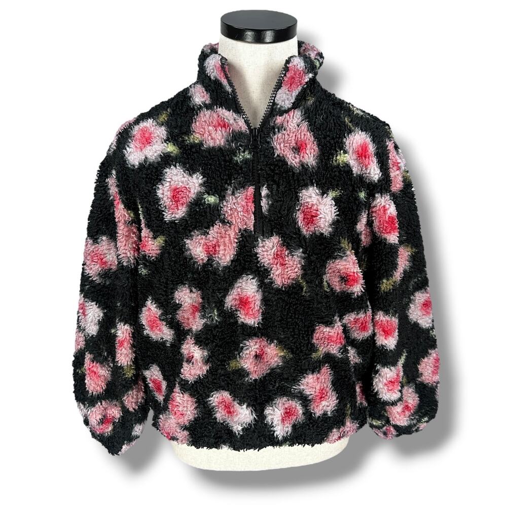 Sandy Liang Target Sherpa 1/4 Zip Jacket Women's Medium Pink Black Floral Fleece